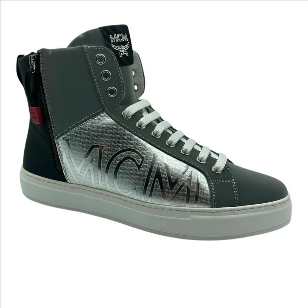 MCM Men's Silver Black Reflective Leather Logo Hi-top Sneaker (42 EU / 9US) - Picture 5 of 6